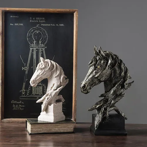 Vista 4 de Adorno retro de cabeza de caballo pequeña de arte creativo, adornos de estatua de resina, esculturas de estilo abstracto, decoraciones de sala