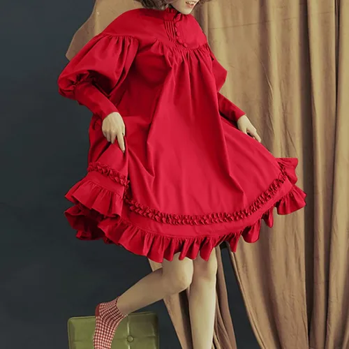 Vista 2 de Vestido gótico negro para mujer, vestido Lolita de manga abombada, vestido victoriano con volantes para el renacimiento medieval