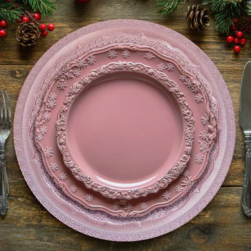 Vista 4 de Platos de carga de 13" de aluminio rosa, juego de 6 platos elegantes con relieve de encaje, platos de servidor redondos para plato de cena, juego