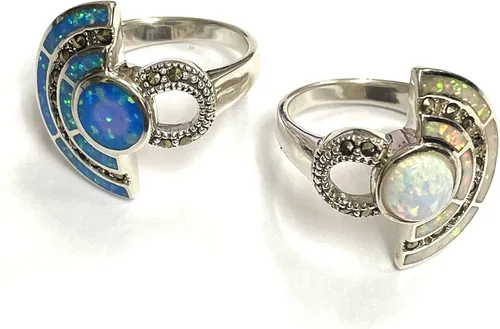 Vista 7 de Art Deco Style Egyptian Wallace Simpson Ring with Gilson Opal and Marcasite Stone 925 Sterling Silver