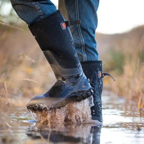 Vista 6 de HISEA Botas de lluvia mejoradas para hombre, botas de goma de neopreno aisladas impermeables con vástago de acero, botas de trabajo duraderas