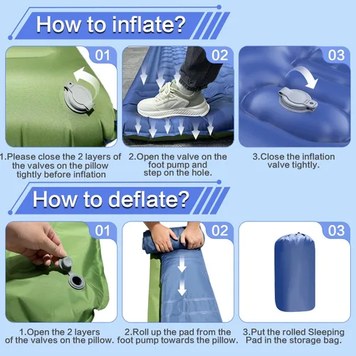 Vista 5 de Colchoneta de dormir doble para campamento, extra gruesa de 5 pulgadas, autoinflable para 2 personas, con bomba de pie integrada, alfombrilla