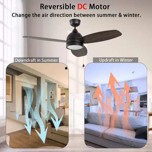 Vista 5 de 52” Black Ceiling Fans with Lights, 5 Speeds Reversible DC Ceiling Fan with Pull Chain, 3 Light Colors Dimmable Low Profile Ceiling Fan For Indoor &