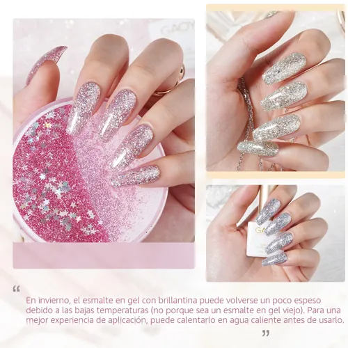 Vista 3 de GAOY Juego de Esmalte de Uñas con Purpurina Cromado Platino, 6 Colores Incluyendo Esmalte en Gel Brillante Resplandeciente UV LED Removible Negro