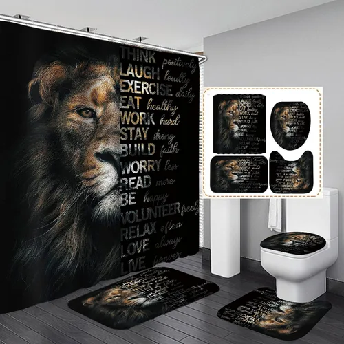 Vista 19 de Juego de 4 cortinas de ducha de rey león negro, citas inspiradoras, palabras motivacionales positivas y educativas, decoración de baño de animales