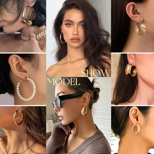 Vista 2 de Juego de 36 pares de aretes de aro dorados para mujeres y niñas, paquete múltiple de aretes de aro trenzados, hipoalergénicos, de cadena gruesa