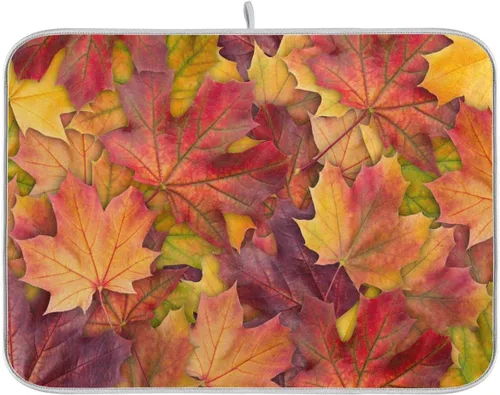 Vista 45 de Tapete de Secado de Platos de Florero de Girasoles Otoñales para Encimera de Cocina, Tapete de Secado de Hojas de Arce y Calabaza Otoñal de 16 x 18