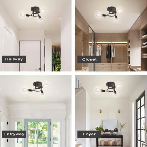 Vista 6 de Finktonglan Lámpara de techo semiempotrada de 3 luces, lámpara de techo Sputnik negro mate, lámpara moderna de granja E26 para cocina, dormitorio