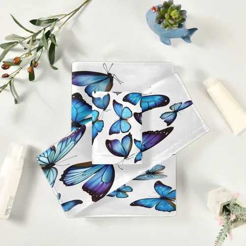 Vista 6 de ALAZA Juego de 3 toallas de baño con diseño de mariposas azules, 1 toalla de baño, 1 toalla de mano, 1 toallita suave, multiusos, para baño, hotel