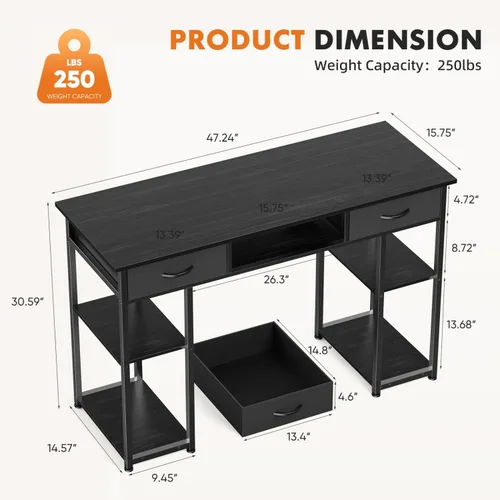 Vista 3 de Escritorio para computadora de 47 pulgadas con 2 cajones, escritorio de oficina en casa con estantes de madera, mesa de PC de escritura de estudio