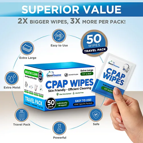 Vista 2 de Dura Cleanse Toallitas de limpieza extra grandes y extra húmedas para cara completa, máscaras nasales, 50 toallitas de viaje CPAP, limpiador sin