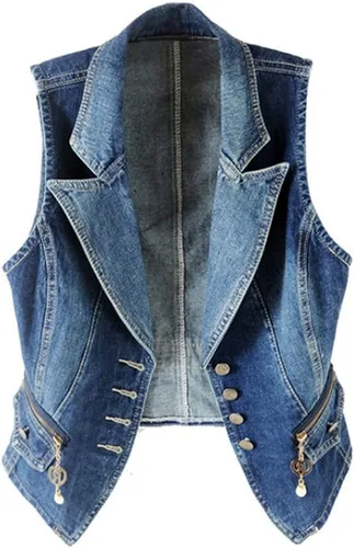 Vista 4 de Chaleco de mezclilla con solapa para mujer, chaleco con botones, chaleco azul
