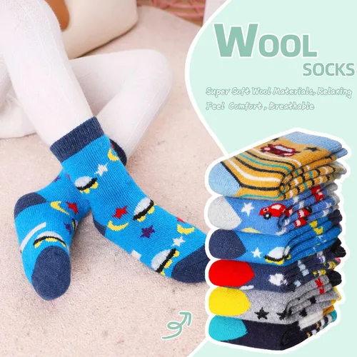 Vista 4 de Calcetines de lana para niños y niñas cálidos de invierno gruesos acogedores térmicos pesados para niños pequeños 6 pares