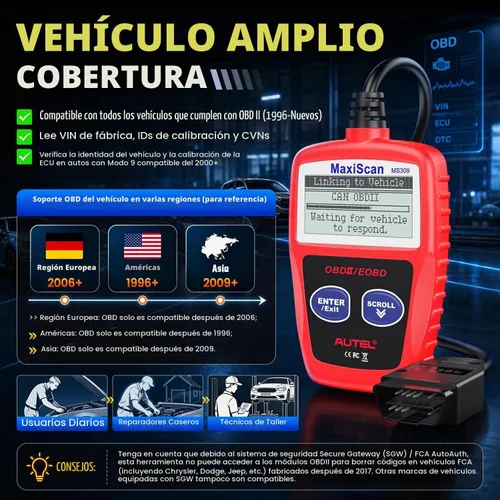 Vista 8 de Autel OBD2 Escáner MS309 Universal para Coche, Lector de Códigos de Fallas del Motor, Comprueba la Luz de Verificación del Motor y el Estado