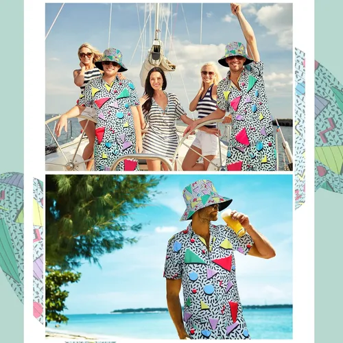 Vista 7 de Conjunto de 2 piezas de camisa y pantalones cortos retro de los años 80 y 90 con sombrero, trajes de playa hawaianos para hombres, fiesta