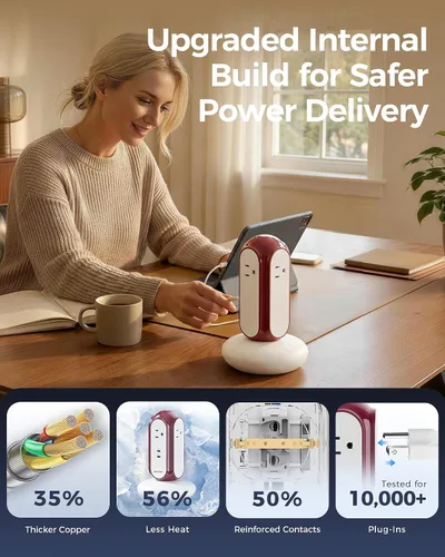 Vista 6 de MiaoLab Torre de regleta de alimentación con 2 puertos USB-C (carga rápida de 30 W), protector de sobretensiones 1420J, 4 salidas de CA, cable