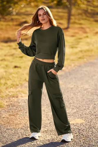 Vista 4 de PRETTYGARDEN Conjunto de 2 piezas de otoño para mujer, sudadera de manga larga, pantalones cargo de pierna ancha con bolsillos