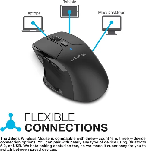 Vista 7 de JLab JBuds Mouse inalámbrico, se conecta a través de Bluetooth o USB inalámbrico, palanca multidispositivo, hasta tres dispositivos, perfiles