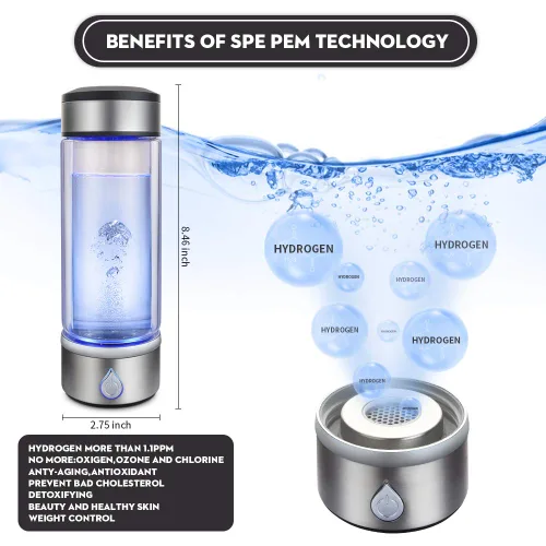 Vista 3 de Taza de agua rica en hidrógeno, ionizador de tecnología PEM, generador de agua ionizado recargable por USB, botella de vidrio antioxidante