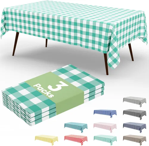 Vista 44 de Smiry Paquete de 3 Manteles Desechables de Cuadros Gingham Color Caqui - 54" x 72" Mantel de Plástico de Servicio Pesado, Cubiertas de Mesa