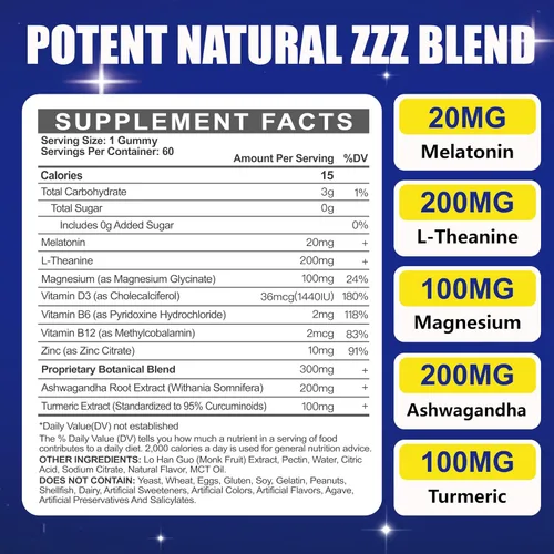Vista 2 de Gomitas de melatonina de 20 mg para adultos - Gomitas de melatonina sin azúcar de fuerza extra con L-teanina, magnesio, ashwagandha, cúrcuma, D3