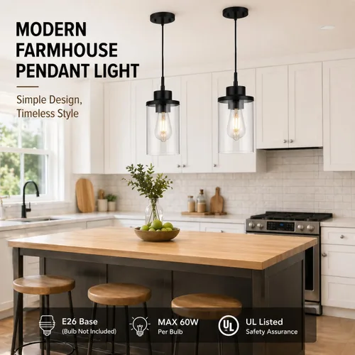 Vista 4 de Moderna Lámpara Colgante de Granja Negra de Vidrio Transparente Cilíndrico, Iluminación Colgante de Metal Industrial Mini para Isla de Cocina, Mesa