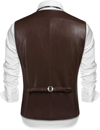 Vista 3 de COOFANDY Chaleco de cuero para hombre estilo casual estilo occidental ligero con cuello en V chaleco