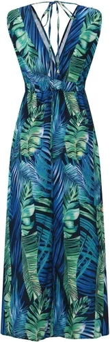 Vista 4 de Vestidos de playa para mujer, 2024, primavera, verano, moderno, elegante, envolvente, cuello en V, floral, bohemio, vestido largo hawaiano fruncido