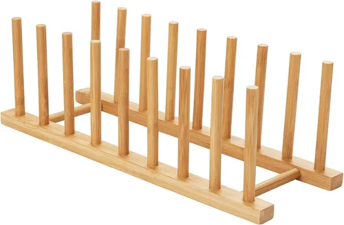 Vista 6 de HBlife Escurreplatos plegable de bambú de 2 niveles con soporte para utensilios y plato de platos, tazón, tazón, tapa de olla, tabla de cortar
