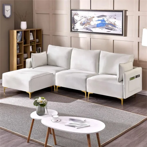 Vista 3 de Sofá modular en forma de L con sofá cama doble de tela beige USB con carga, sofá de sala de estar de 2 y 3 plazas