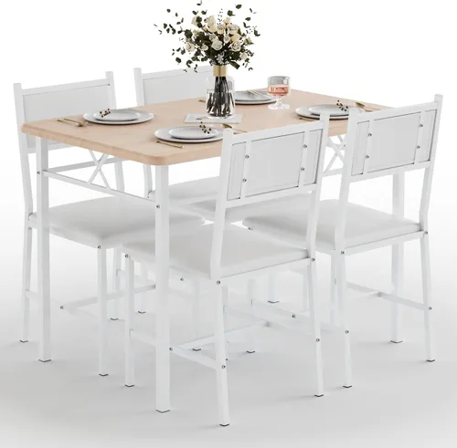 Vista 10 de VECELO Juego de mesa de comedor para 4 personas con sillas, mesa de cocina de 5 piezas y sillas acolchadas tapizadas para espacios pequeños, blanco