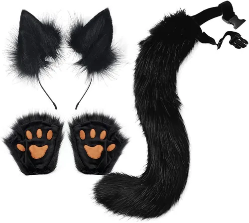 Vista 6 de Angela0123 - 1 juego de guantes de diadema con orejas de zorro de felpa diadema de lolita cola de gato cosplay para mujer fiesta de máscaras pelo