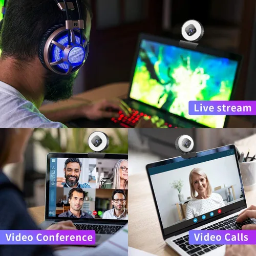 Vista 6 de Cámara web 1080P para PC con luz de anillo y micrófono dual, cámara web de enfoque automático para transmisión, cámara web de brillo ajustable