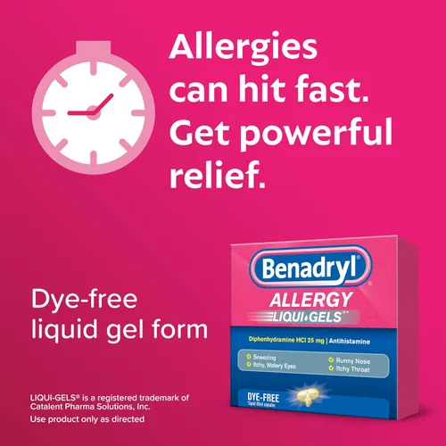 Vista 4 de Benadryl Liqui-Gels Medicine - Cápsulas de gel líquido sin colorantes con 25 mg de antihistamínico de difenhidramina HCl para aliviar la alergia