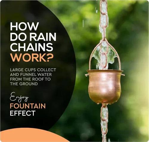 Vista 7 de Cadena de lluvia de cobre – Campanillas decorativas y tazas reemplazan el bajante del canalón y desvían el agua lejos del hogar para una
