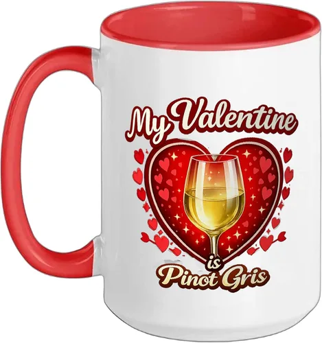Vista 19 de Pinot Gris Wine Glass Valentine Hearts Love Funny Gift Ceramic Mug, Black/White, 11oz