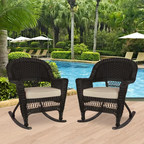 Vista 2 de Jeco Silla Rocker de mimbre con cojín bronceado, juego de 2, color espresso