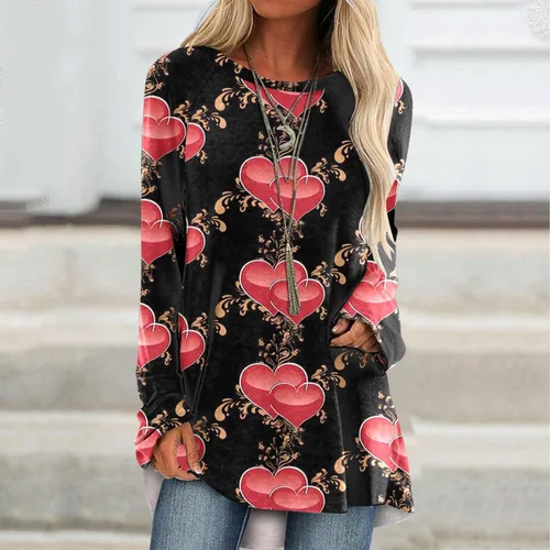 Vista 2 de Camisas para mujer, verano, otoño e invierno, cuello redondo, serie del día de San Valentín, impresión de amor, borde de comercio exterior