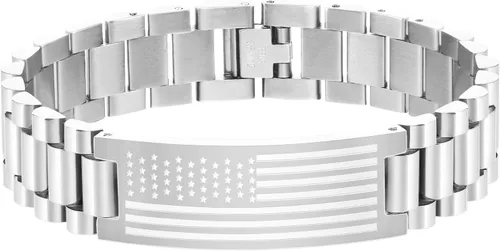 Vista 18 de P. BLAKE Pulsera con versículo bíblico de la bandera estadounidense para hombres, pulsera de acero inoxidable grabada de las Escrituras, religiosa