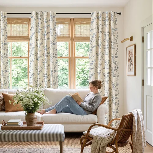 Vista 6 de jinchan Linen Blackout Curtains Blue Floral 63 Inch Back Tab 2 Panels Blue on Beige