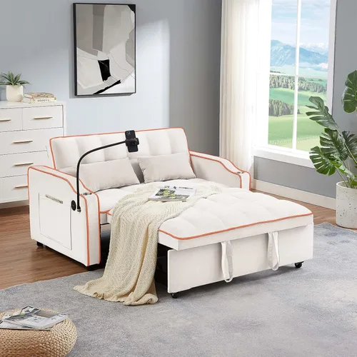 Vista 9 de Antetek Sofá cama con puerto USB y tipo C, moderno sofá biplaza convertible 3 en 1 de terciopelo extraíble con soporte para teléfono/portavasos