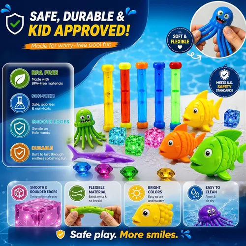 Vista 7 de JoyX - Juego de 35 piezas de juguetes de buceo para piscina con cubos LED, gafas y bolsa de transporte Glow-in-the-dark toys, 5 LED light-up