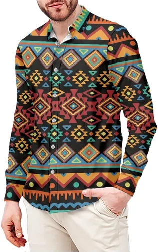 Vista 5 de Camisa azteca con botones para hombre, patrón nativo americano, camisas de manga larga con cuello en V y nación tribal