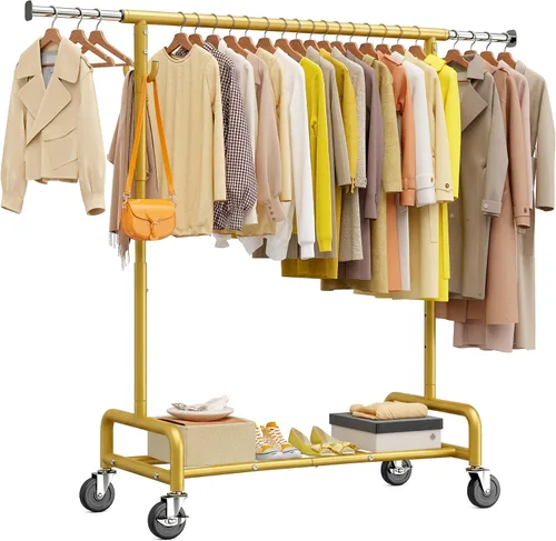 Vista 10 de Raybee Perchero resistente de 75 pulgadas de ancho, 450 libras, almacenamiento de ropa de metal con estante, ruedas con bloqueo y tapones