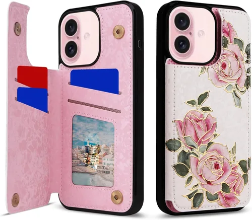 Vista 90 de UEEBAI Funda tipo cartera para iPhone 13 con tarjeteros, piel sintética, diseño floral, función atril, bloqueo RFID, doble cierre magnético, funda