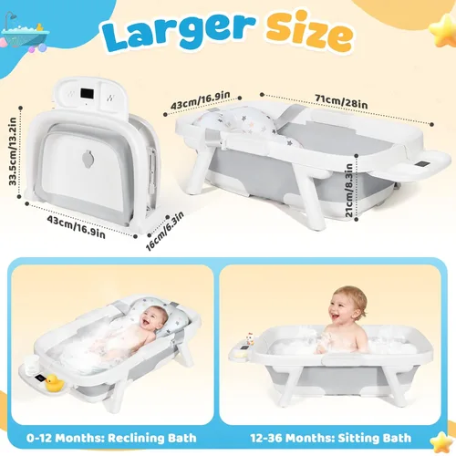 Vista 3 de Orzbow Bañera plegable para bebé, bañera grande para recién nacido con cojín suave y termómetro, bañeras portátiles de viaje para bebés a niños