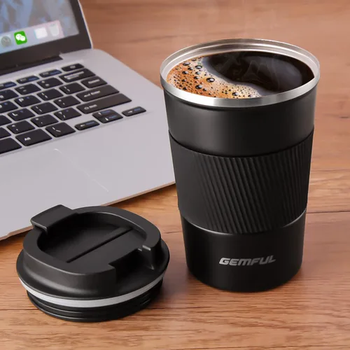 Vista 7 de GEMFUL Taza de viaje de café a prueba de fugas con tapa, 13 onzas, aislada al vacío, de acero inoxidable, vaso de café a prueba de derrames