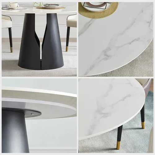 Vista 4 de POVISON Juego de mesa de comedor para 4, mesa redonda de comedor con 4 sillas, mesa superior de piedra sinterizada blanca con base de acero al