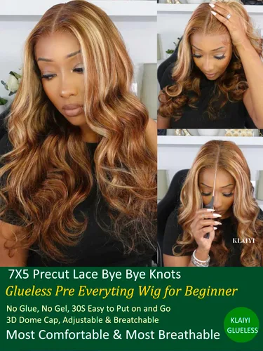 Vista 7 de KLAIYI Bye Bye Knots Peluca Sin Pegamento Ombre Highlight Rubio Body Wave Precortada 7x5 Encaje Frontal Pelucas Cabello Humano Pre Plucked Body Wave