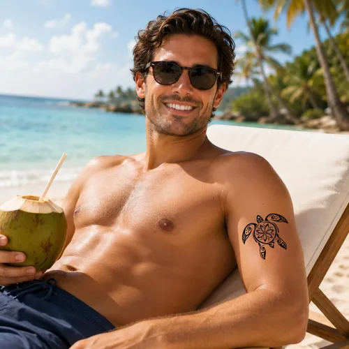 Vista 5 de Tatuaje temporal tortugas negro maorí tribal cuerpo arte adhesivo transferencia para brazos hombro azteca polinesio samoano hawaiano para hombres